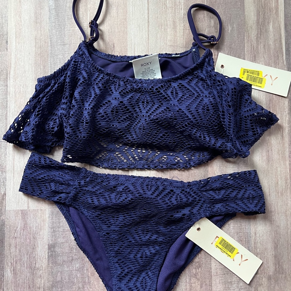 Roxy Blue Lace Bikini Set with Flounce Detail